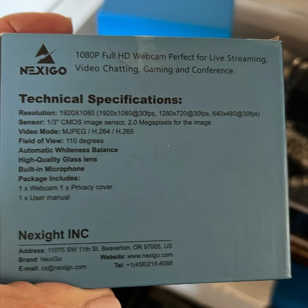 1080 FHD Nexigo Webcam in box with instructions